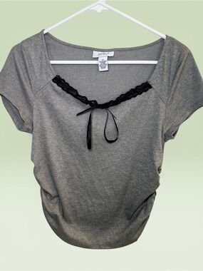Just Polly Grey Ribbed Lace Trim Tie Top XL EUC